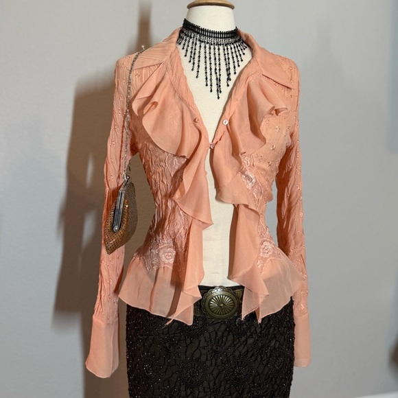 Y2k Allison Taylor boho peach embroidered blouse - Picture 2 of 6